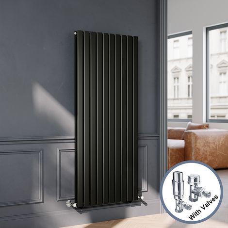 ELEGANT Black Flat Panel Central Heating Radiator with Chrome Angled Thermostatic Radiator Valves 1600 x 680mm Vertical Double Panel Rads (1/5)