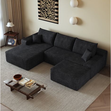 Sofá modular rinconero 270 cm negro de tela acanalada sin montaje con chaise longue (1/5)