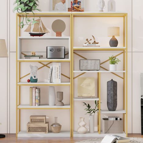 Étagère style moderne – Structure rectangulaire stable tube acier et MDF – Facile à monter et à nettoyer – 160×29,5×180 cm –Doré et Blanc (1/5)