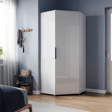 ELEGANT Modern Design Corner Wardrobe White High Gloss Bedroom Furniture 800 x 800 x 1860 mm with Shelves, Hanging Rails (1/5)