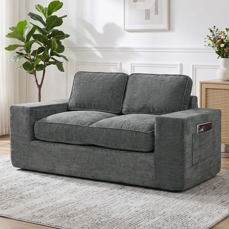 Canapé 2 places chenille 156 cm assise accoudoirs larges rembourrés 2 oreillers gris. Canapé chenille pour un salon moderne, confortable et design. (1/5)