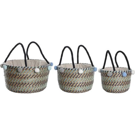 Panier tressé couleur et pompons pour décoration - Teintes naturelles avec touches de bleu et pompons