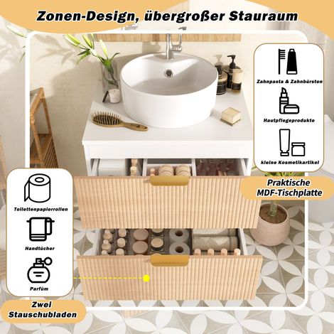 Meuble lavabo suspendu 60 cm avec vasque ronde céramique, tiroirs à façade bois rayé design, panneau MDF résistant, grand espace de rangement : 2 tiroirs + plan de travail