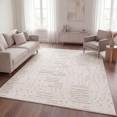 Shaggy Tapis Chambre Haut Poil Bohème Scandi Abstrait Unis Lavable Geometrique, Crème 6, 200x280 cm (1/5)