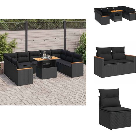 The Living Store Salon de jardin 10 pcs avec coussins noir résine tressée acacia - Meuble de jardin (1/5)