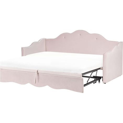 Trundle Bed Frame Pastel Pink Velvet EU Single Size 3ft 90/180 x 200 cm Slatted Frame Tufted LORETTE (1/5)