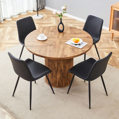 Table à manger ronde 4 chaises 100 cm, plateau MDF effet bois clair, assises en cuir régénéré noir, style moderne pour salle à manger - CHICFURN (1/5)
