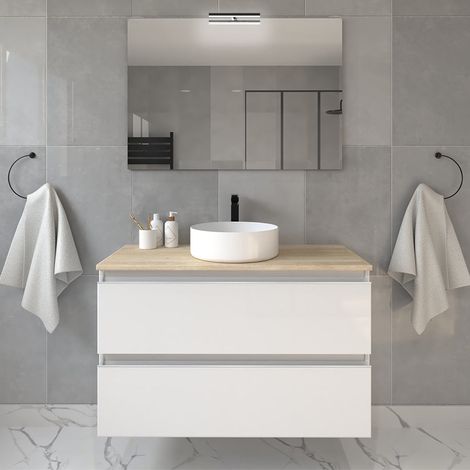 Meuble de salle de bain 2 tiroirs avec vasque à poser ronde - blanc - BALEA - 100cm (1/5)