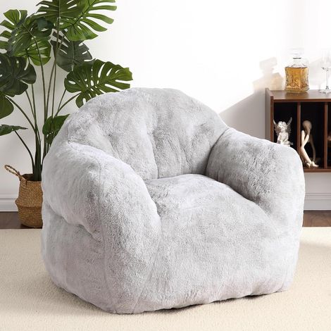 Fauteuil pouf gris clair pelucheux velours, rembourrage éponge haute résilience pour salon et chambre (1/5)