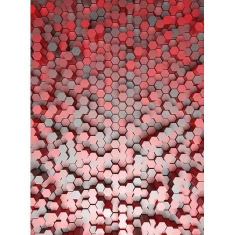 Papier peint panoramique géométrique gris & rouge | Tapisserie panoramique 3D hexagone chambre ado | Papier peint panoramique graphique salon - 192 X 260 cm (4 pièces) (1/2)