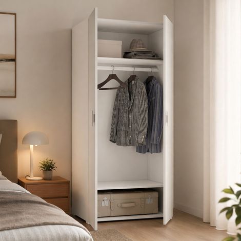 Armario 2 Puertas Nigella, Ropero Dormitorio para Ropa, Hecho en Italia, 52x180 cm Alto Blanco (1/5)