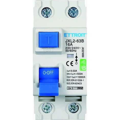 Interruptor diferencial magnetotérmico 2P 16A 30mA curva B 6KA AC/DC 220V 30mA curva B para carril DIN 2 módulos DIN Protección de circuitos e instalaciones de seguridad (1/5)