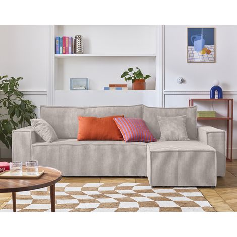 Bestmobilier – Canapé d'angle réversible 4 places convertible avec coffre – Velours côtelé beige – Dimensions L244xH83xP145 cm – Couchage 125x200 cm
