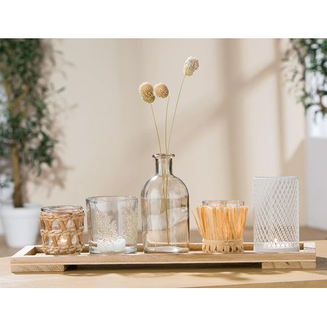 Lot de 6 photophores décoratifs en Verre avec Plateau - Petit Vase Fleurs séchées avec Plateau en Bois - 13 x 40 cm - Décoration de Table pour Salon Moderne (1/5)