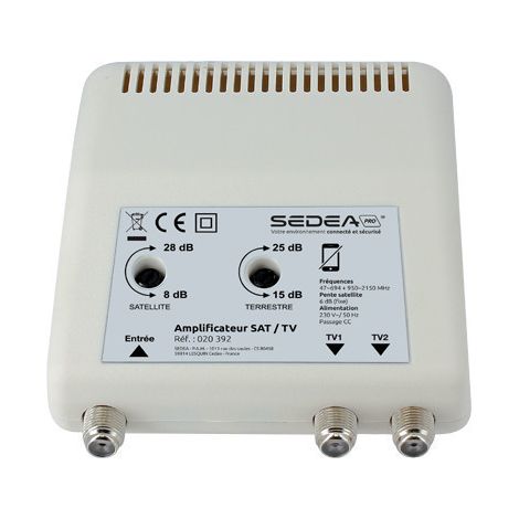 Sedea – Amplificateur TV intérieur 28 dB – 2 sorties SAT et TERRESTRE – Filtre LTE 700 pour bloquer interférences 5G – Gain réglable