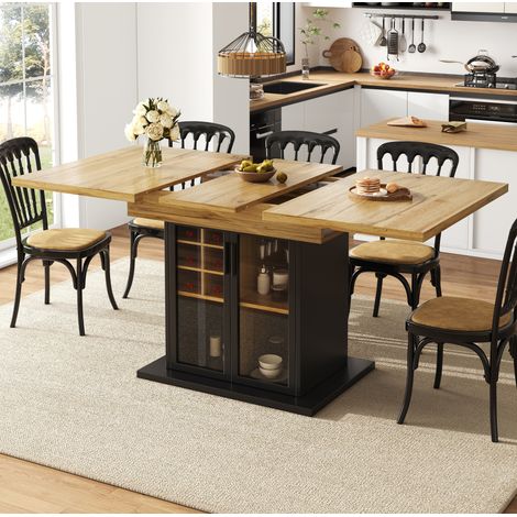 Tavolo da pranzo 110-140x80x76 cm nero, allungabile con portabottiglie e anta in vetro (1/5)