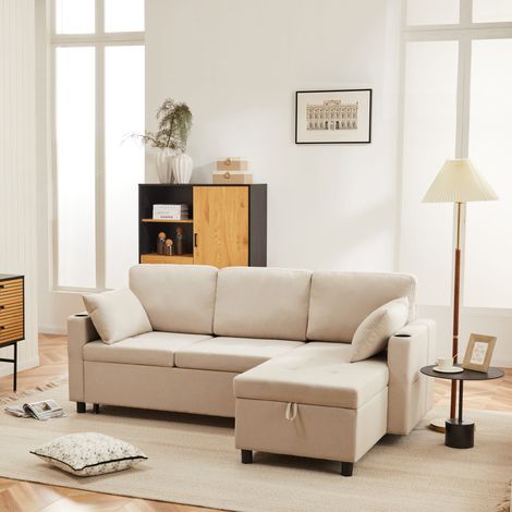 Sofa Bed, L-Shaped Corner Sofa, 3 Seater Pull out Sofa with Storage, Convertible Settee Sectional Sofa for Living Room, Office, Beige (1/5)