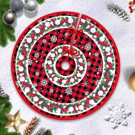 90cm Jupe Sapin de Noël, Couvre Pied, Arbre Decoration, Joyeux Tapis pour Couronne en Treillis Rouge (1/5)