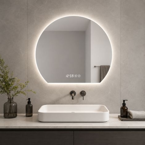 Specchio da bagno rotondo a LED da 80 cm con luci - Montaggio a parete, antiappannamento, luce regolabile e dimmerabile con 3 temperature di colore, specchio per il trucco per camera da letto e bagno, (1/5)
