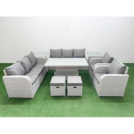 Fimous PE Rattan High Back Lounge Sofa Set Patio Adjustable Lifting Dining or Coffee Table & Chairs Set with 3 Seater Sofa Reclining Chair Stools 2 Side Table Light Grey (1/5)