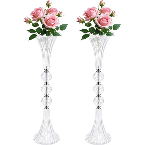 Lot de 2 vases trompette 63 cm – Support de fleurs décoratifs en acrylique – Pour centre de table de mariage, fête et réception – Transparent et argent