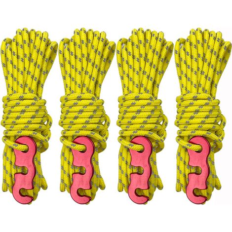 Corde de fixation pour tente avec boucle en S et tendeur - Corde de fixation réfléchissante et lumineuse de 4 mètres pour rideau de toit de tente de camping extérieur, jaune