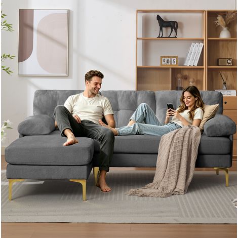 Canapé d'angle 187.5x130x79 cm gris en bois et chenille avec méridienne réversible (1/5)
