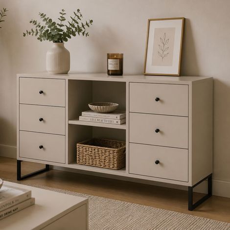 Credenza Lerata, Aparador 6 Cajones, un Estante, 2 Compartimentos, 112x33x82h cm Beige Cashmere (1/3)
