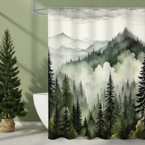 Rideau De Douche - Forêt De Pins Brumeuse - 180 x 180 cm - Polyester Imperméable - Motif Naturel Abstrait - 1 Pièce (1/5)