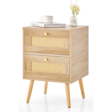 Costway – Table de chevet en rotin avec 2 tiroirs – Pieds en pin – Dimensions 40 x 40 x 59 cm – Style bohème pour chambre et salon