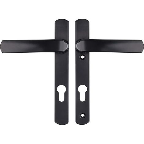 Poignée de porte avec plaque de fixation et trou de serrure, idéale pour les portes d'entrée, de bureau ou de garage. Entraxe de fixation : 115 mm. Installation facile. (1/3)