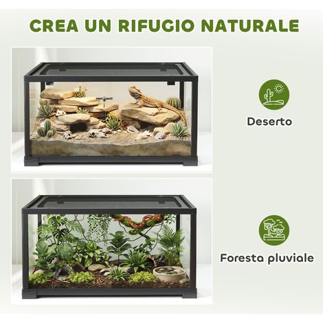 Terrarium surélevé noir 60x45x32 cm, double verrouillage, parois vitrées, enclos reptiles. (1/5)