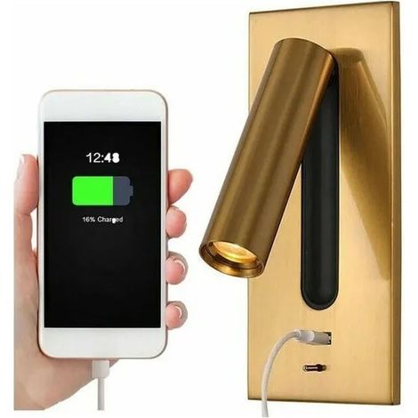 Liseuse LED tte de lit avec interrupteur lampe de chevet USB encastre orientable 350 et 90 laiton couleurs multiples YYV (1/4)