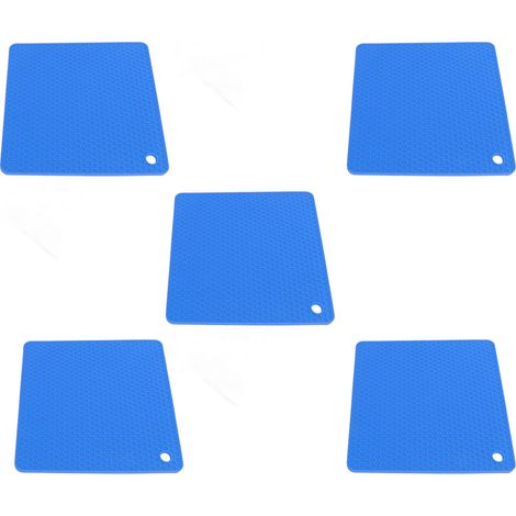 Lot de 5 dessous de plat en silicone résistant à la chaleur, antidérapants et carrés, en forme de nid d'abeille, pour plan de travail de cuisine (bleu). (1/5)