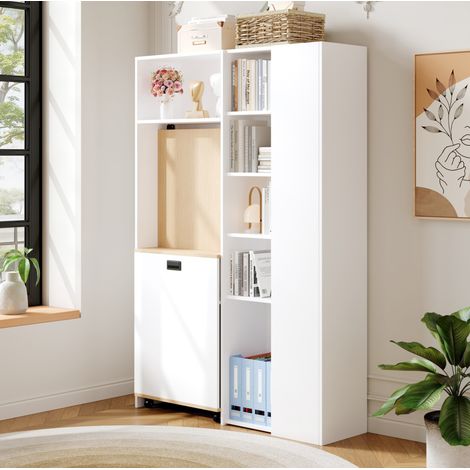 Scrivania pieghevole con libreria 104.5x30.5x160 cm, 2 in 1 con presa EU e USB, ripiani regolabili, MDF rovere bianco (1/5)