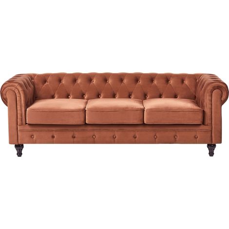 Chesterfield Sofa Golden Brown Velvet Fabric Upholstery Dark Wood Legs 3 Seater Contemporary CHESTERFIELD (1/5)