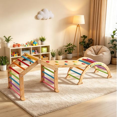 Ensemble d'escalade 9 en 1 multicolore avec toboggan réversible et tableau OKWISH (1/5)
