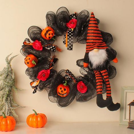 Halloween-Herbstkranz, 40 cm, künstliche Herbstgirlande mit Ahorn, Kürbis und Tannenzapfen, Anhänger, Halloween-Dekoration für Haustür, Fenster, Innen- und Außenbereich (1/4)