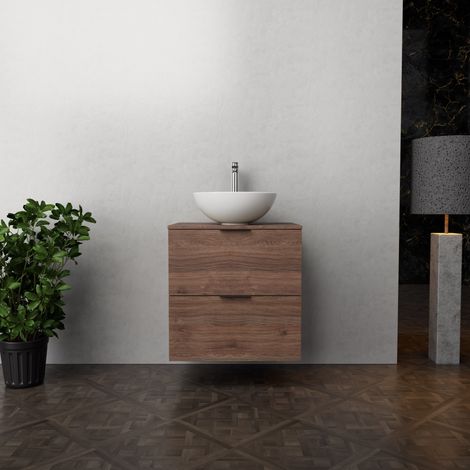 Inda - Badezimmerschrank B.60 mit Aufsatzwaschbecken / Braune Eiche 2 Schubladen - Topazio