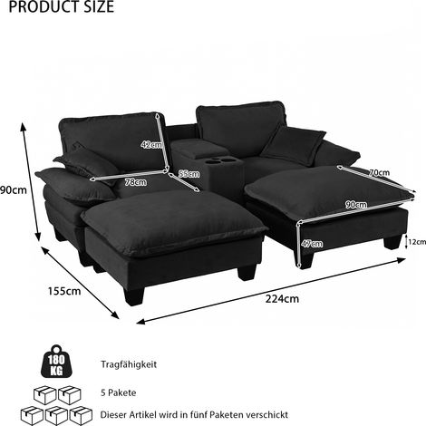 Canapé modulaire Cloud noir, sofa bateau avec porte-verres et rangement, ports USB, 2 poufs + 2 coussins, housse chenille pour salon et appartement