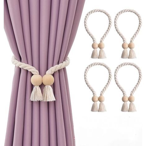 Lot de 4 Embrasses Magnétiques en Bois Boule pour Rideaux de la Maison et du Bureau - Accroche-Rideaux Style Bohème - Corde en Coton Naturel Tissée à la Main - Beige (1/4)