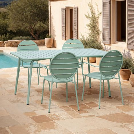 Ensemble table + 4 fauteuils ronds en métal vert - BACA