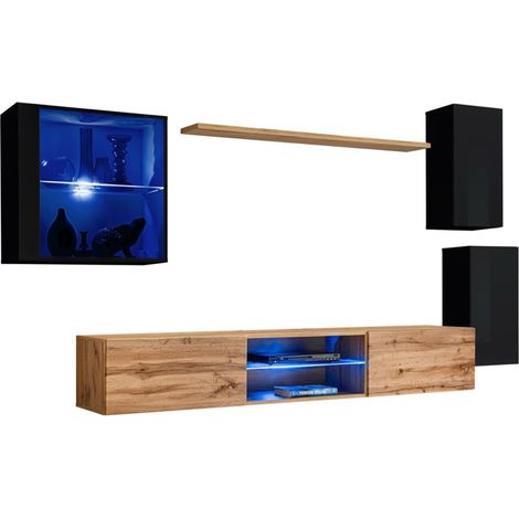 Set di mobili da salotto SWITCH XXIII – LED – Nero e Quercia – Design sospeso