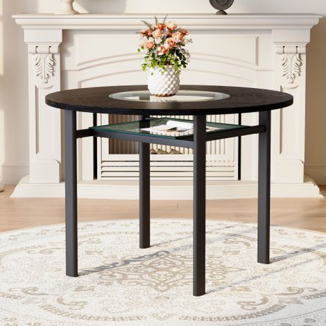 Table à manger ronde moderne et minimaliste : 100 cm de diamètre, dotée d'un plateau noir à effet bois convient pour 2 à 4 personnes (inclut une incrustation en verre gris et un piètement métallique