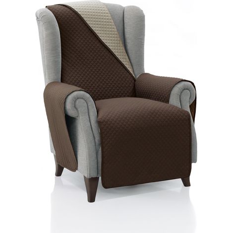 Housse de fauteuil rembourrée 1 place – 55 cm (assise) Marron/beige réversible Protection compatible avec fauteuils de relaxation et oreilles Toile lavable Fabriqué en Espagne (1/5)