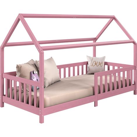 Idimex – Lit cabane rose 90x190 cm – Structure en pin massif – Barrières modulables – Design épuré pour chambre enfant (1/4)