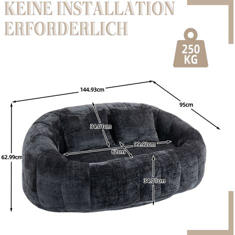Fauteuil Poire Durable et Confortable, Chaise Lounge à Dossier Haut pour Adultes et Enfants, Pouf Siège Inclinable pour Intérieur et Extérieur, Coussin de Sol Doux en Chenille Noir (1/5)