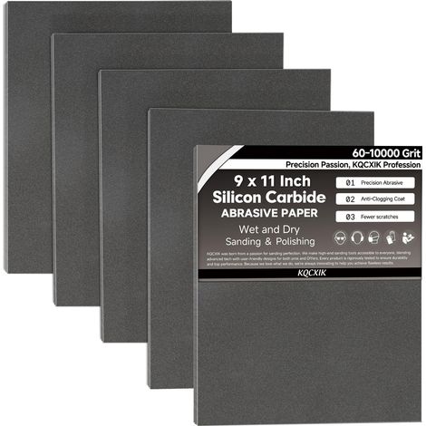Lot de 12 feuilles de papier abrasif grain 1000 - 22,9 x 27,9 cm - Dos flexible importé - Abrasif en carbure de silicium noir - Pour le travail du bois, l'automobile (1/5)