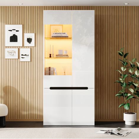 OKWISH Vitrine LED en MDF, 4 portes et verre de sécurité, 80 x 35 x 180 cm, blanche (1/5)