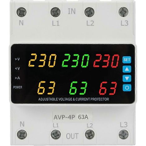 Relais de tension triphasé 220-380 V, inverseur 63 A, protection contre les surtensions, les sous-tensions, les surintensités et les pertes de phase. (1/5)